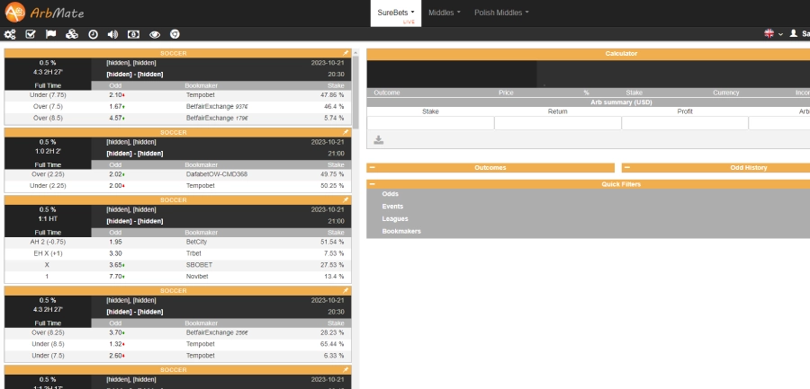 arbmate sure bet finder south africa user interface