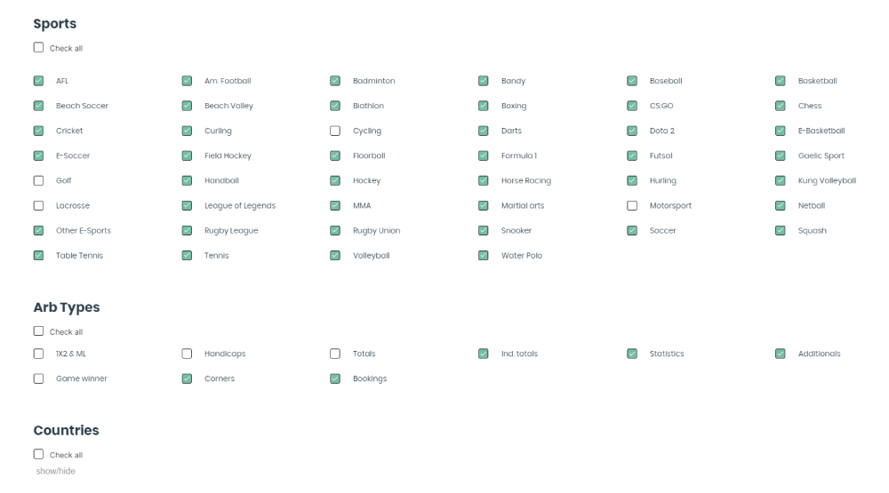 betburger fitlers for south african bookmakers