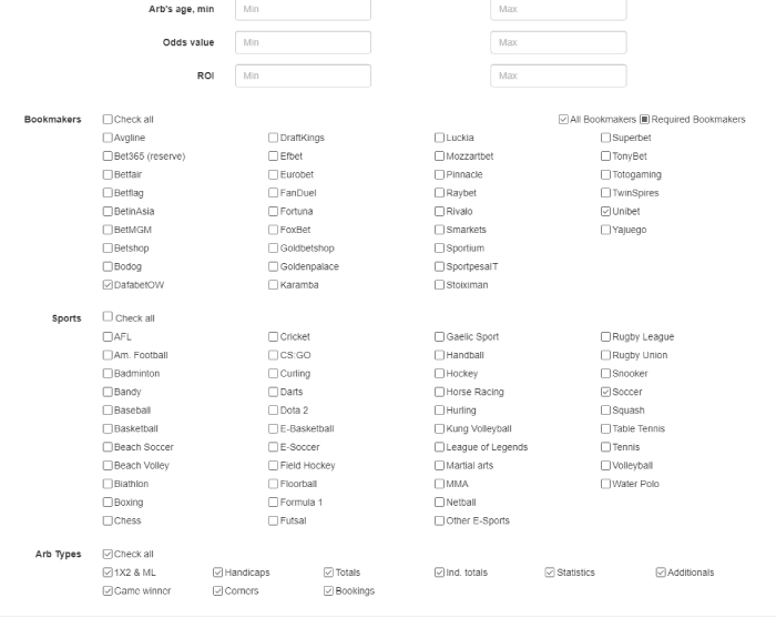sports and market filters at betburger