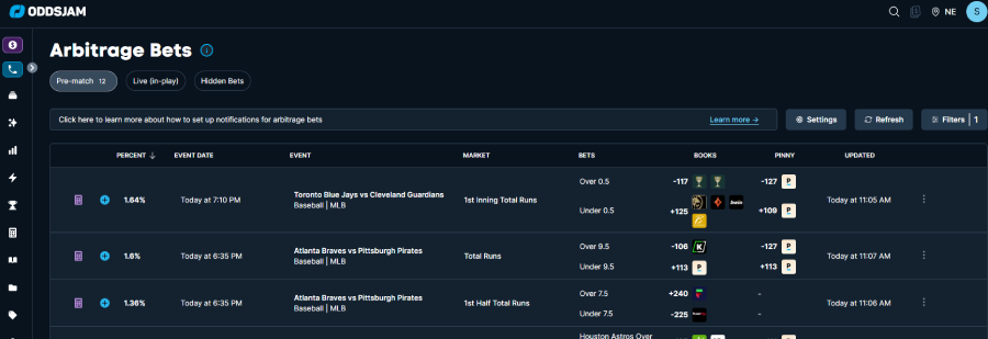 new design and user interface of oddsjam arbitrage finder