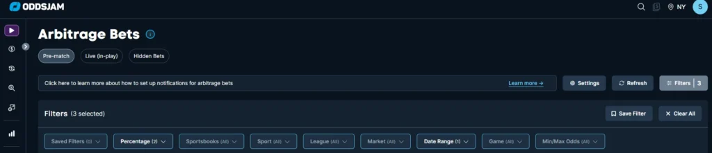 layout of arbitrage finder at Oddsjam