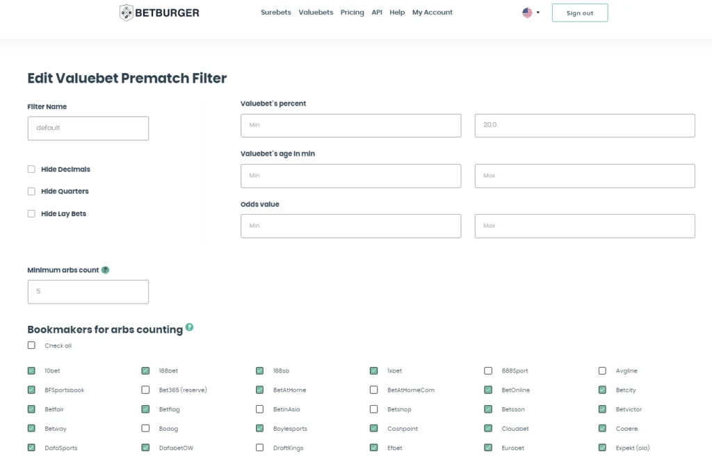 Betburger value betting filters with bookmakers, value percentage and delayed bets