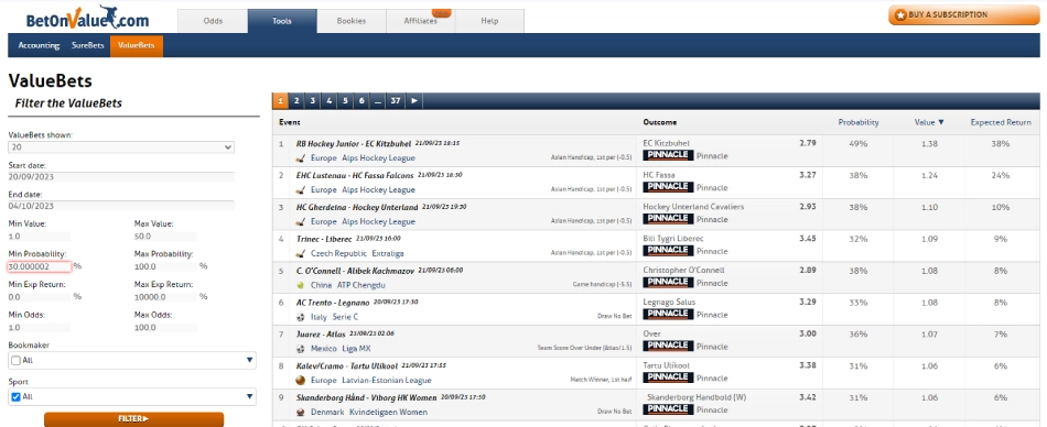 betonvalue positive EV software user interface and filters screenshot
