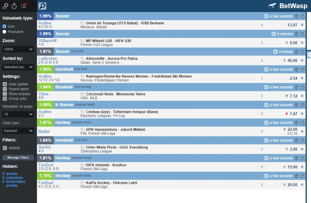 betwasp number of value bets found screenshot and filter applied