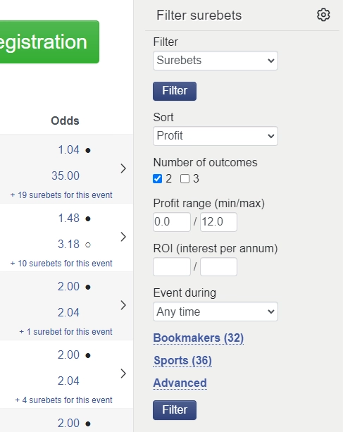 filtering options at surebet.com main user interface