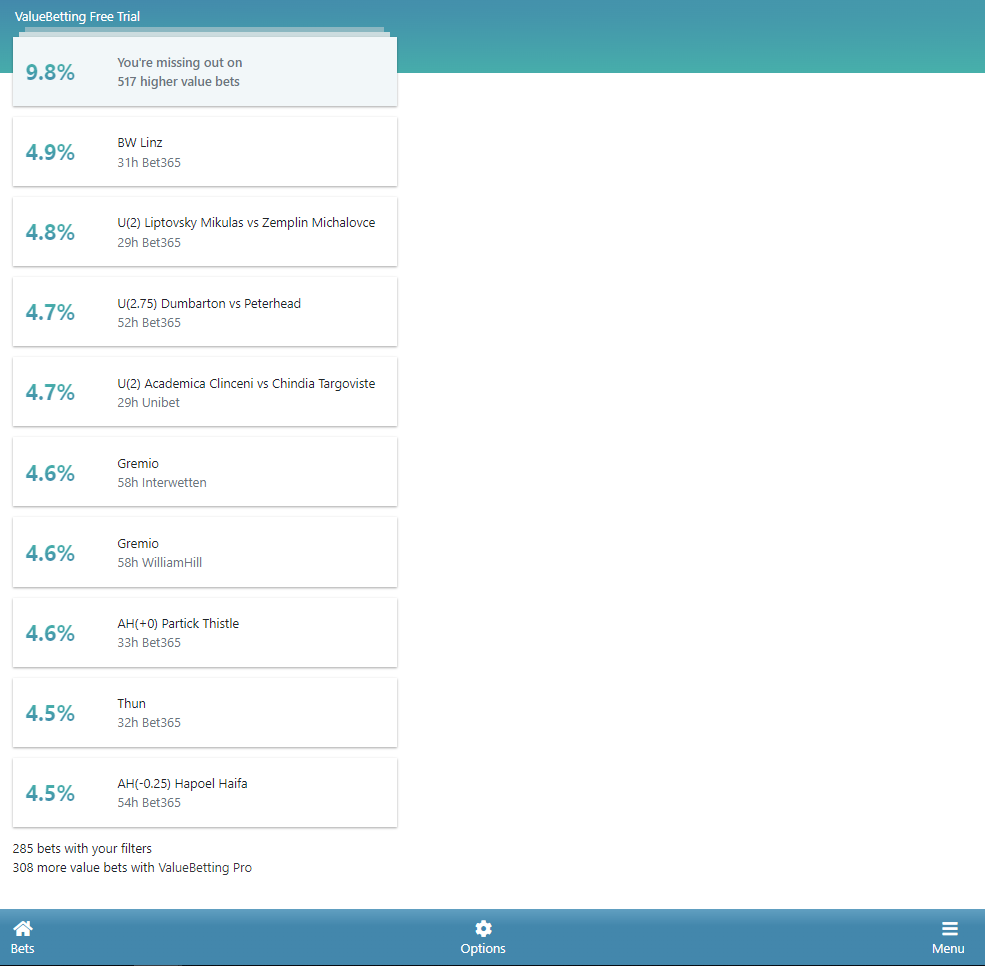 rebelbetting positive ev bet finder user interface