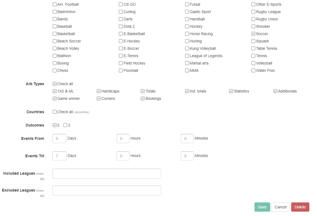 advanced level filters in betburgers arb finder