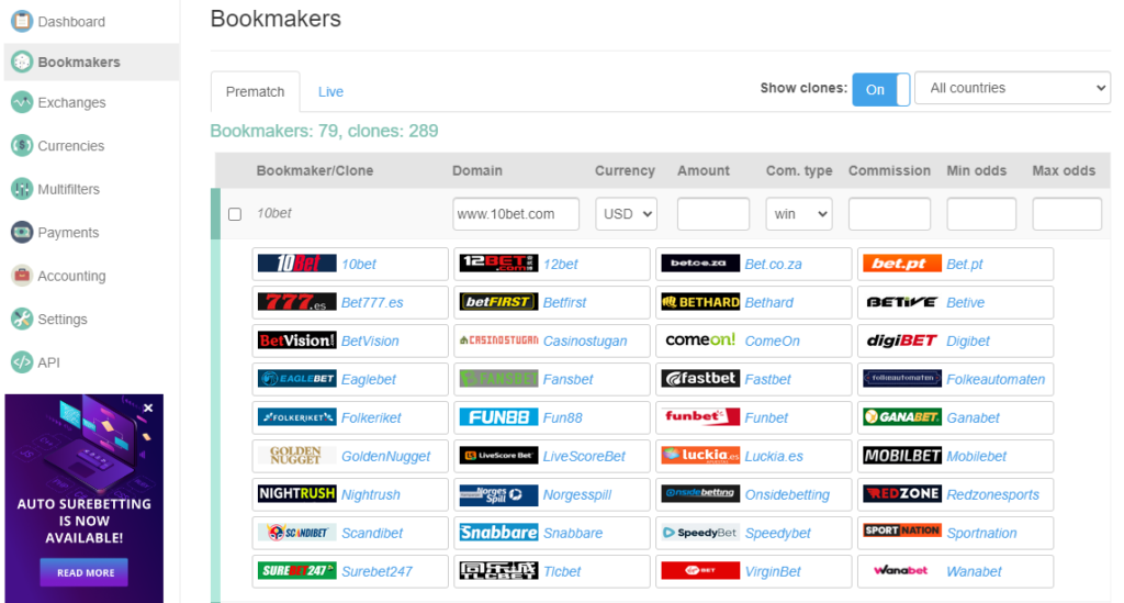 list of betting sites and their clones scanned by BetBurger