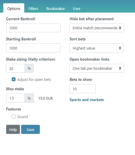 rebelbetting stake sizing option for value betting software