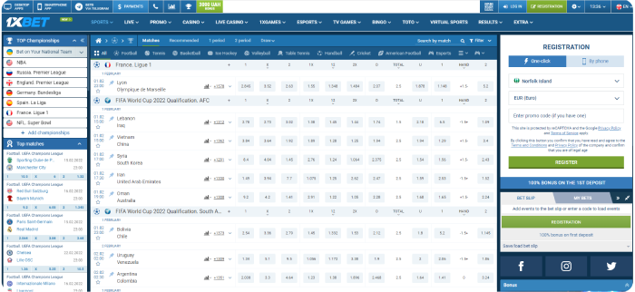 user interface with sports events at 1xBet betting site