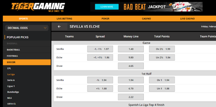 Sports betting user interface of tigergaming betting site