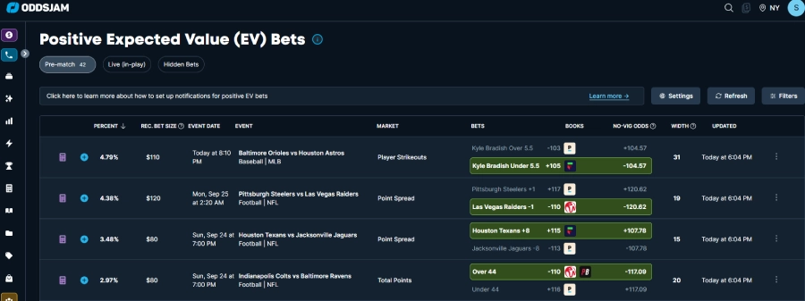 oddsjam value betting software user interface screenshot with betting opportunities