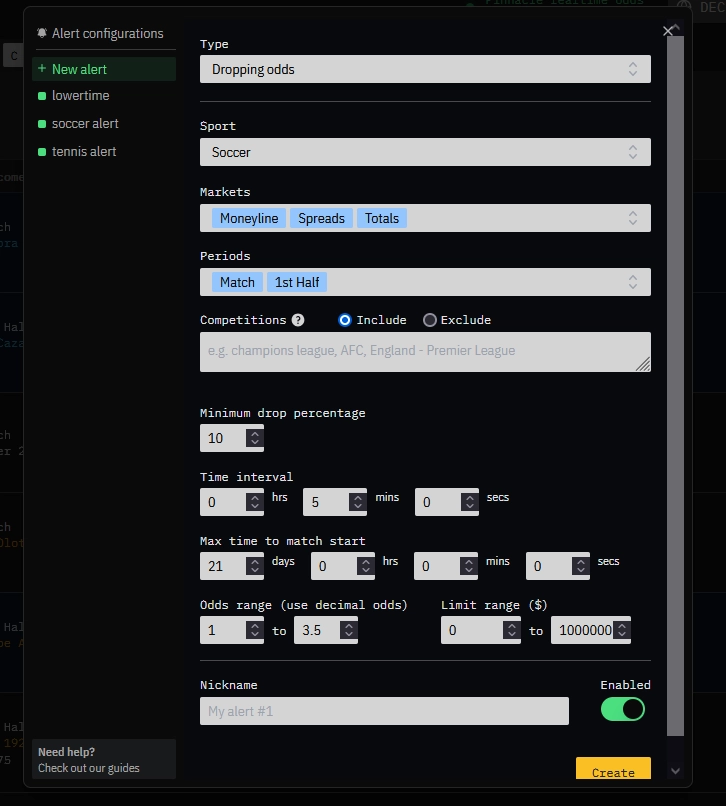 odds dropper software filters user interface