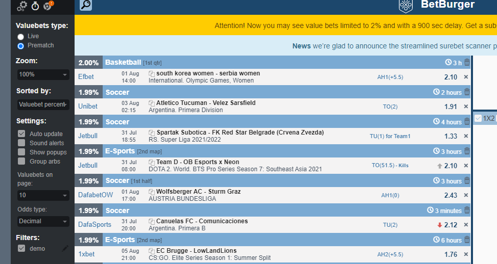 BetBurger free value bet finder user interface screenshot with opportunities