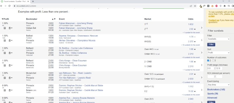 surebet.com user interface with free arbitrage bets up to 1%