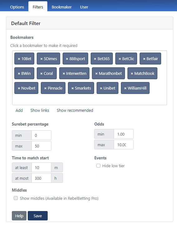 rebelbetting filters user interface for arbitrage software