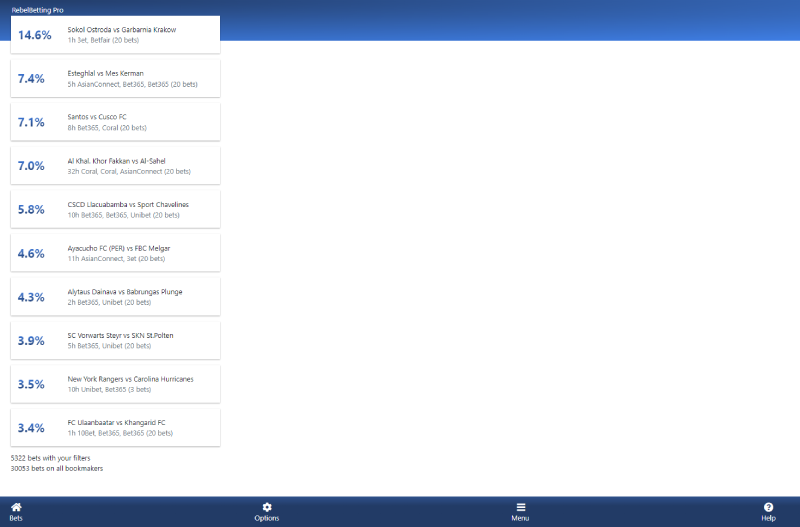 rebelbetting pro betting opportunities screenshot