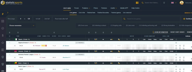 statistical sports betting software screenshot