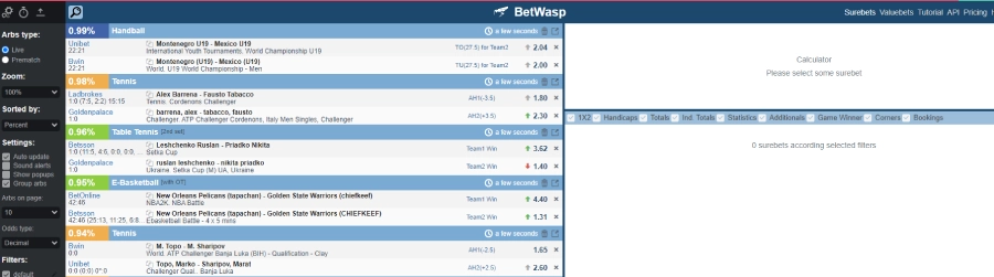 betwasp user interface of odds scanner AI tool