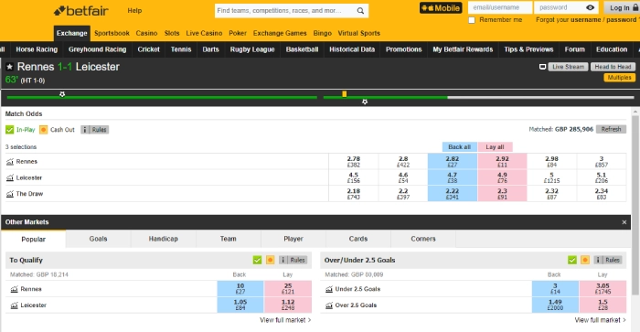 betfair exchange user interface