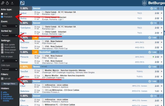 arbitrage timing and filters in the main menu of betburger