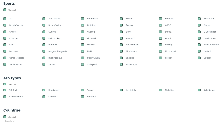 filtering arbitrage bets at Betburger based on sports, markets and country