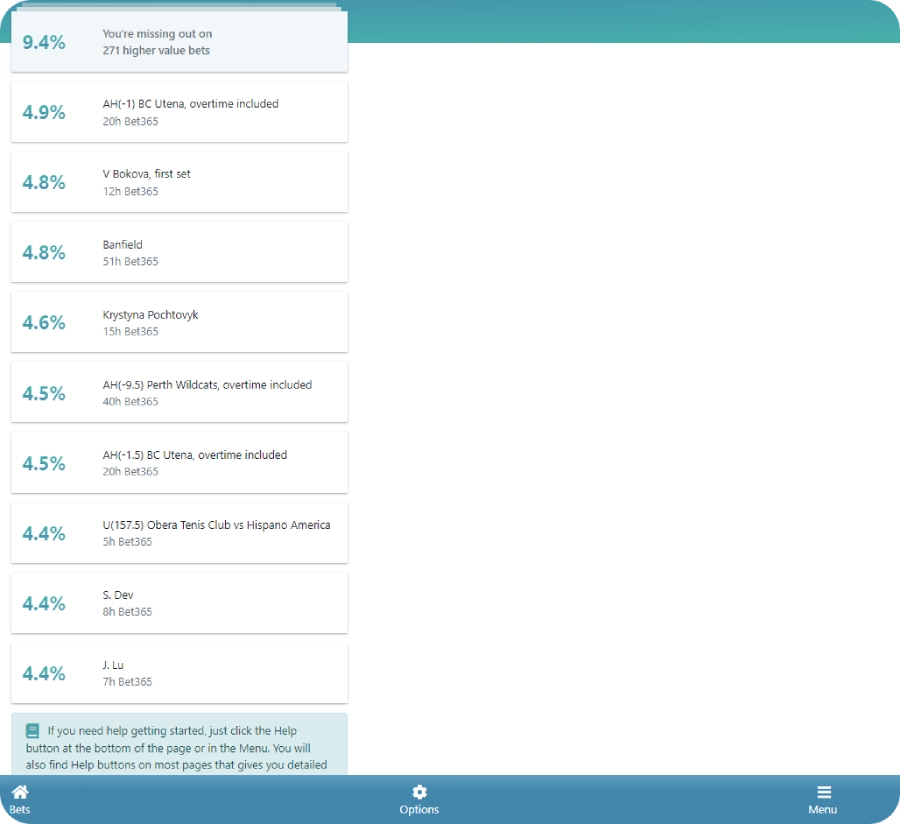 rebelbetting user interface screenshot