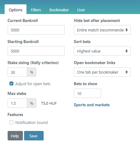 filtering and staking settings on Rebelbetting