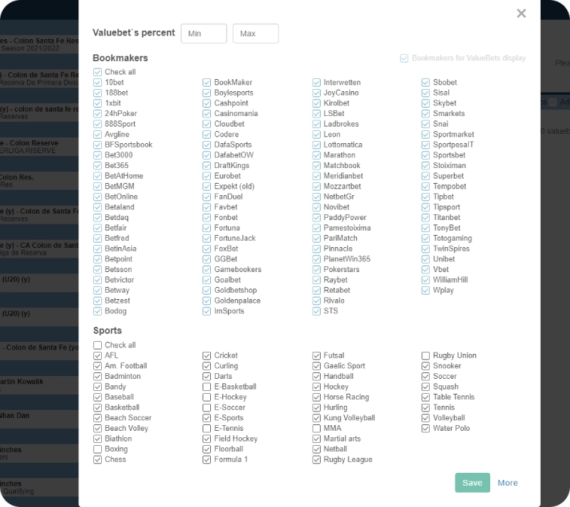 Sports and bookmakers filtering system at Betburger 