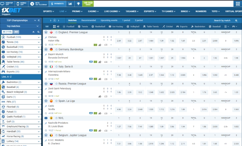 1xbet user interface and odds