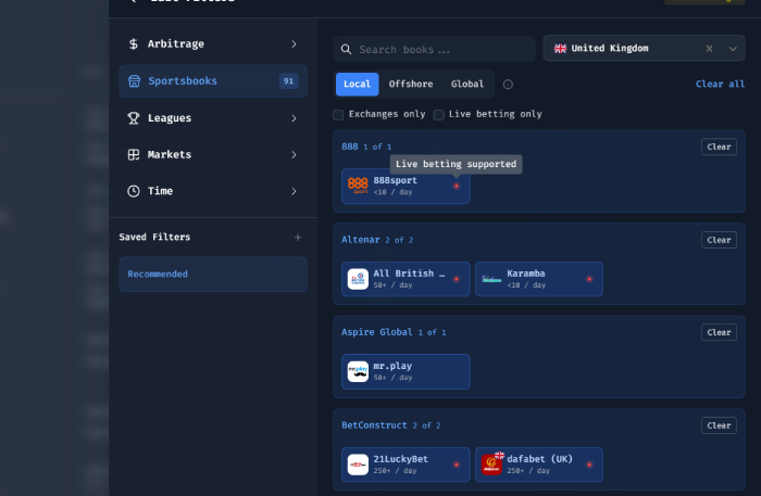 bethero filtering of available sportsbooks