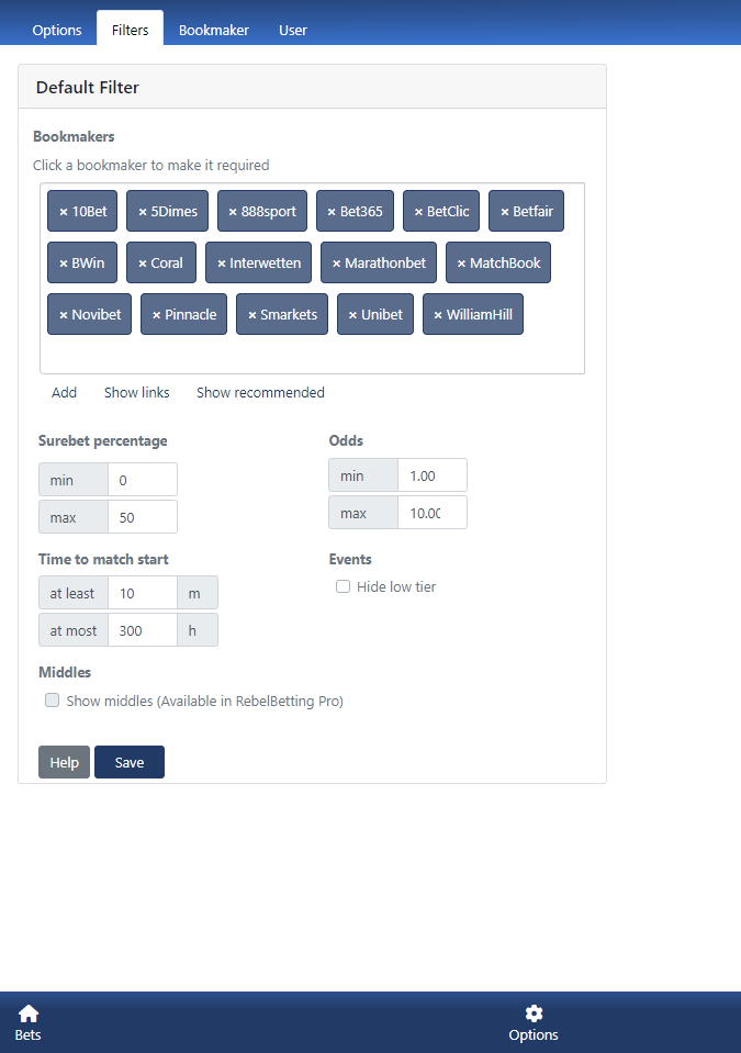 filtering options at RebelBetting