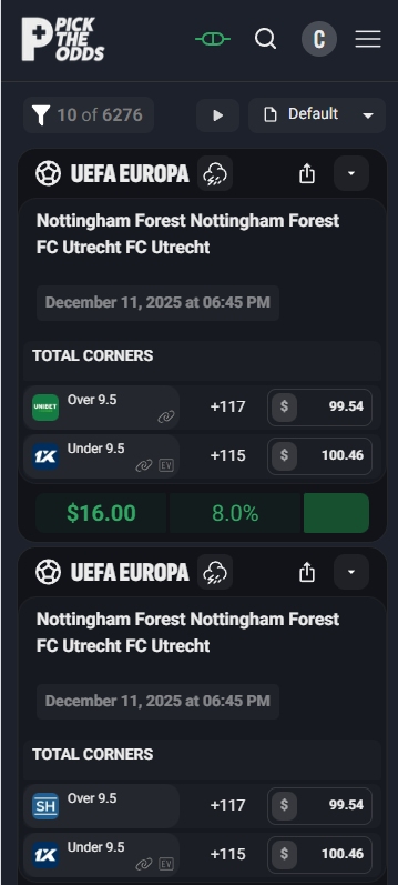 mobile interface at pick the odds