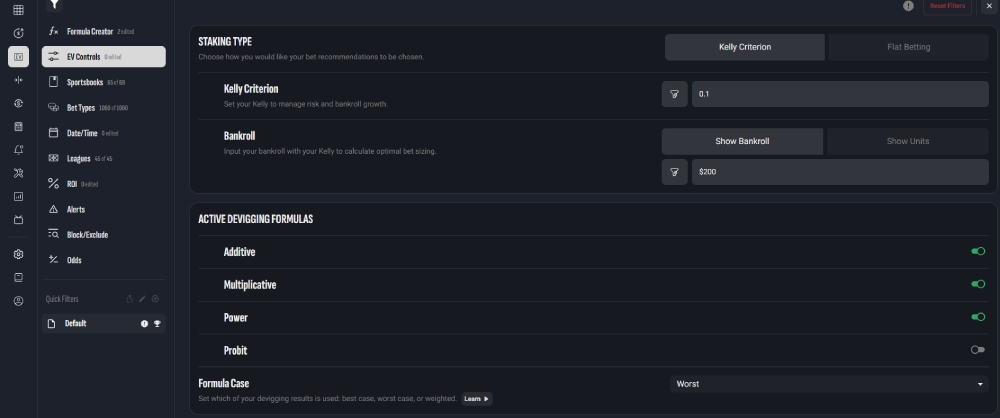value filters on pick the odds