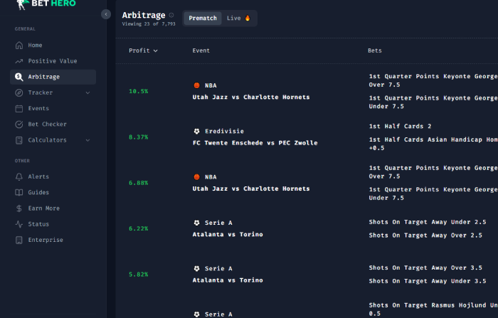 Bethero arb finding interface with sure bets up to 10.5% profit