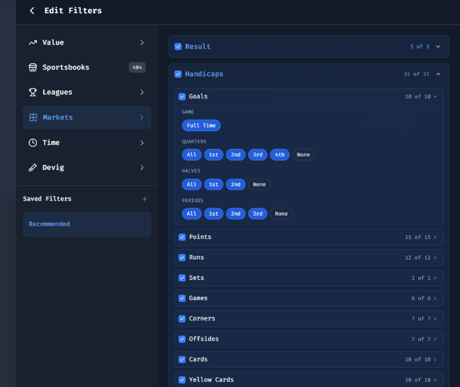 filtering options on football at BetHero