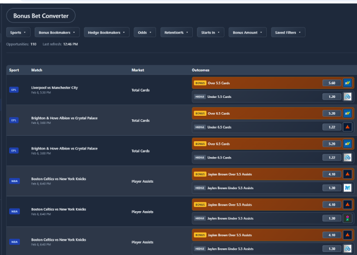 bookie charity matched bet finder with odds matched using the filtering system