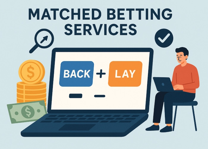 matched betting finder services illustrated with man using laptop and placing back and lay bets
